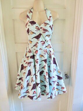 Fe Die Blue & Brown Retro Pinup Bird Print Halter Dress L